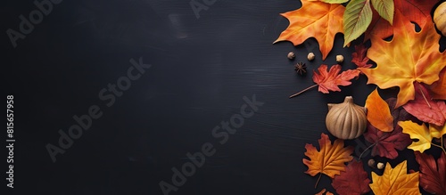 Blank label on colored fallen leaves Autumn sale and discounts Thanksgiving and harvest concept Copy space