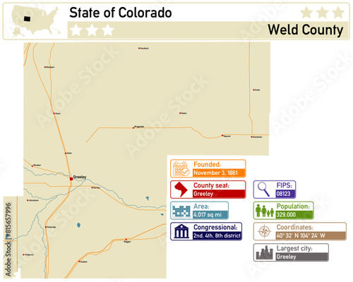 Detailed infographic and map of Weld County in Colorado USA. photo