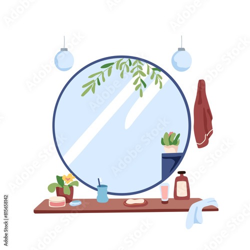 Bathroom mirror with toiletry shelf. Hanging towel, circle glass with empty reflection in sanitary area. Bath furniture in modern home interior. Flat isolated vector illustration on white background