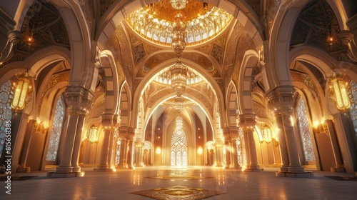 A breathtaking 3D background showcasing the interior of a majestic mosque decorated with intricate Islamic motifs, lanterns, and arches in celebration of Eid al-Adha.