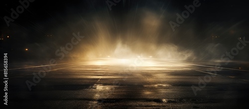 Night scene with spotlights and new light smoke smog Dark street the reflection of wet asphalt night lights Abstract night scene wet floor concrete Rays through the fog Smoke. copy space available