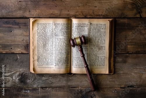 Open law book with a gavel on a wooden desk photo