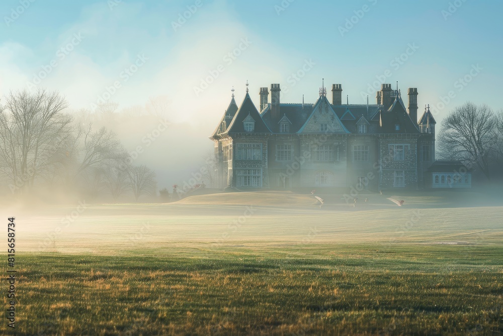 Luxurious Estate Emerging from Autumn Mist at Dawn