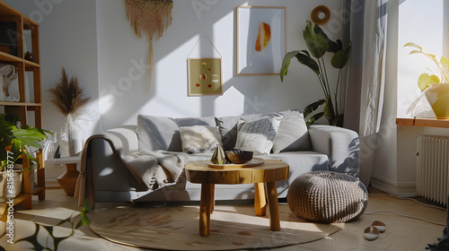 Stylish scandi compostion at living room interior with design gray sofa wooden coffee table shelf cube carpet rattan pouf plants picture frame table lamp and elegant accessories in hom : Generative AI photo
