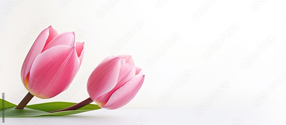 Naklejka premium colorful spring pink tulip flower in white background with text copy space