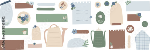 Bullet journal blank paper notes garden themed. Cute text boxes for digital planning. Garden sticky notes for digital planner and organizer. Vector illustration