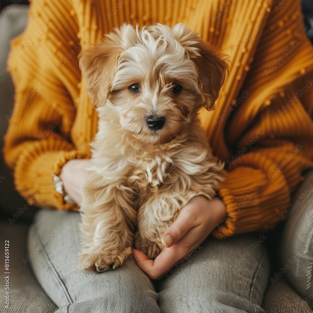 Woman lovingly cradling adorable puppy, heartwarming bond between pet owner and companion Woman lovingly cradling adorable puppy, heartwarming bond between pet owner and companion