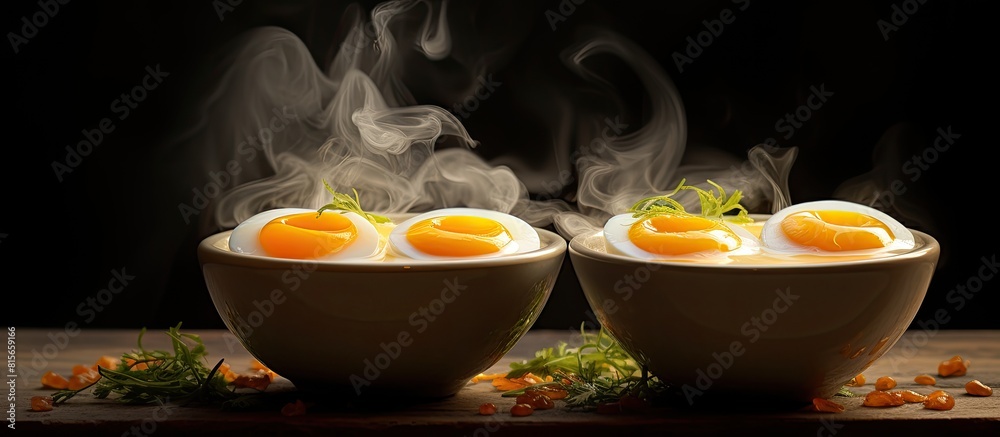 Steaming eggs in a small ramekin bowl a popular Chinese dish creating a tasty and delicate dish with a velvety texture. copy space available Steaming eggs in a small ramekin bowl a popular Chinese dish creating a tasty and delicate dish with a velvety texture. copy space available