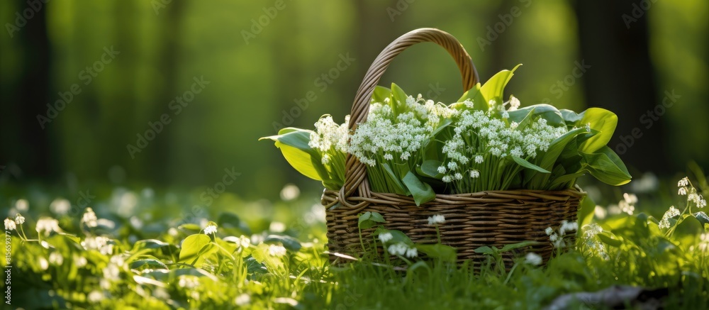 wild garlic harvesting basket on ramson field. copy space available wild garlic harvesting basket on ramson field. copy space available