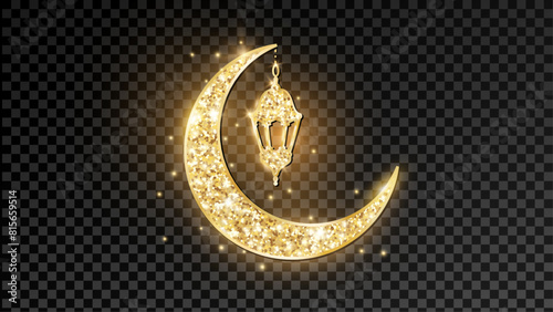Golden shiny glitter crescent with lantern. Traditional islamic symbol isolated. Ramadan or Al-adha decoration. Muslim holidays icon. Transparent background can be removed in vector file.