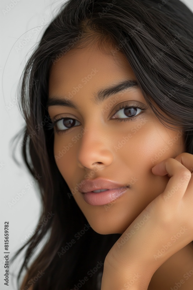 Close up of an Indian woman with a thoughtful expression and dark flowing hair. Close up of an Indian woman with a thoughtful expression and dark flowing hair.