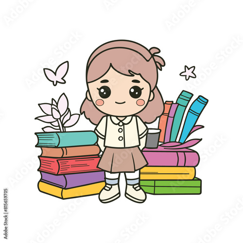 School girl with books vector illustration, Vector art of school girl with books, vector illustration
