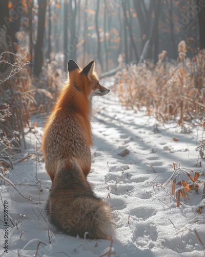 Watercolor style image of a clean fox shadow cast on a snowy path, offering a subtle hint of its presence in a winter wonderland. © Plumeria