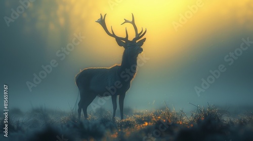 A futurism art piece capturing a sharp  clean silhouette of a deer on a foggy morning  cast on the grassy ground  creating a hauntingly beautiful scene.