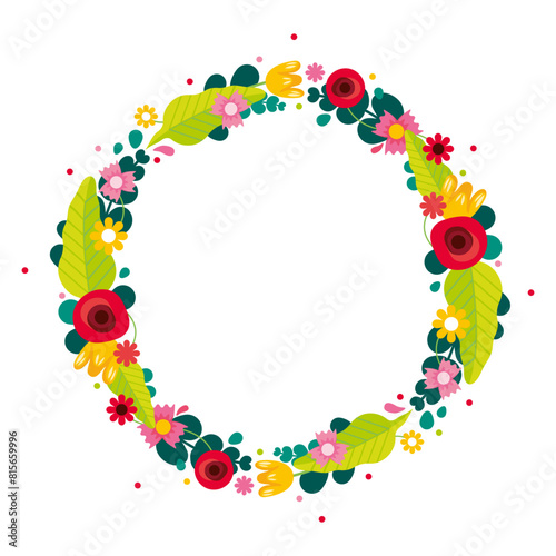 Vecteur couronne de fleurs de printemps, cadre décoré de fleurs rouges, jaunes et roses avec de grandes feuilles vertes, illustration joyeuse et colorée
