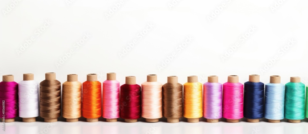 Rows of spools of thread of different colors on a white background Copy space Rows of spools of thread of different colors on a white background Copy space