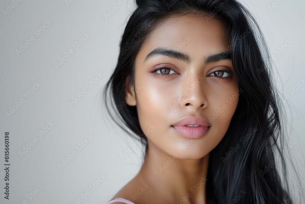 Graceful portrait of a young Indian woman with flowing hair and nude makeup Graceful portrait of a young Indian woman with flowing hair and nude makeup