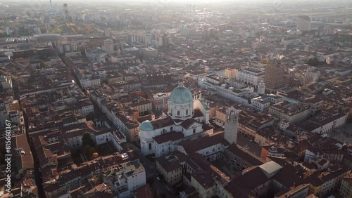 Drone footage of Cathedral of Santa Maria Assunta and Pegol Tower in Brescia city, Lombardy, Italy