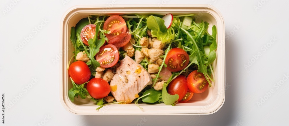 A healthy lunch of fish diet salad made with tuna tomatoes and arugula is displayed on a light background in a top down view The image showcases the eco friendly carton packaging emphasizing environm A healthy lunch of fish diet salad made with tuna tomatoes and arugula is displayed on a light background in a top down view The image showcases the eco friendly carton packaging emphasizing environm
