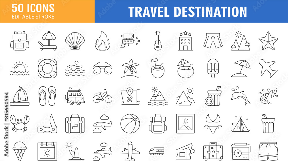 Travel and Destination Vector Line Icon Set. This Icon set consists of Sunset, Swimming Pool, Surfing, Spa, Hotel, Airplane Ticket, Travel Destinations and so on Travel and Destination Vector Line Icon Set. This Icon set consists of Sunset, Swimming Pool, Surfing, Spa, Hotel, Airplane Ticket, Travel Destinations and so on