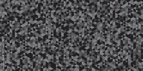 Abstract geometric black and gray background seamless mosaic and low polygon triangle texture wallpaper. Triangle shape retro wall grid pattern geometric ornament tile vector square element.