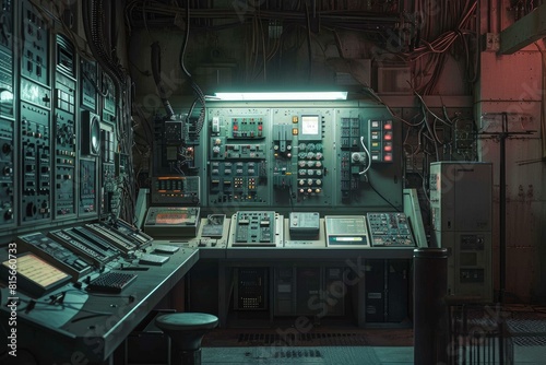 Dimly lit vintage control room filled with analog electronic devices and panels