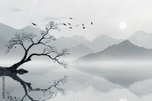 Wallpaper Mural A Japanese watercolor painting of mountains and their reflections. An expertly handcrafted painting to have in your workspace. Torontodigital.ca