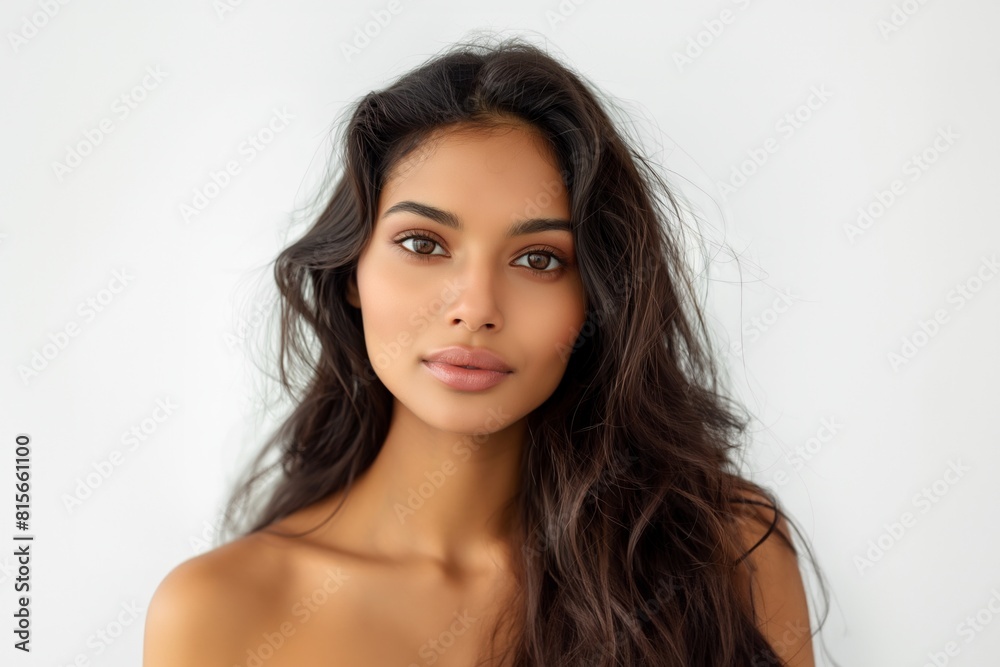 Radiant young woman with voluminous hair and perfect skin on a white background Radiant young woman with voluminous hair and perfect skin on a white background