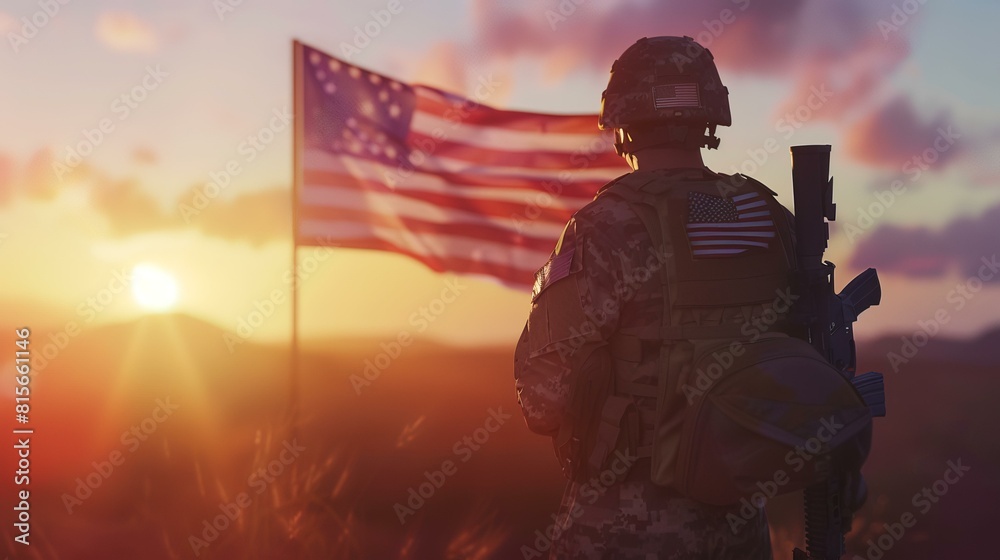 Soldier in the United States of America flag on sunset background.