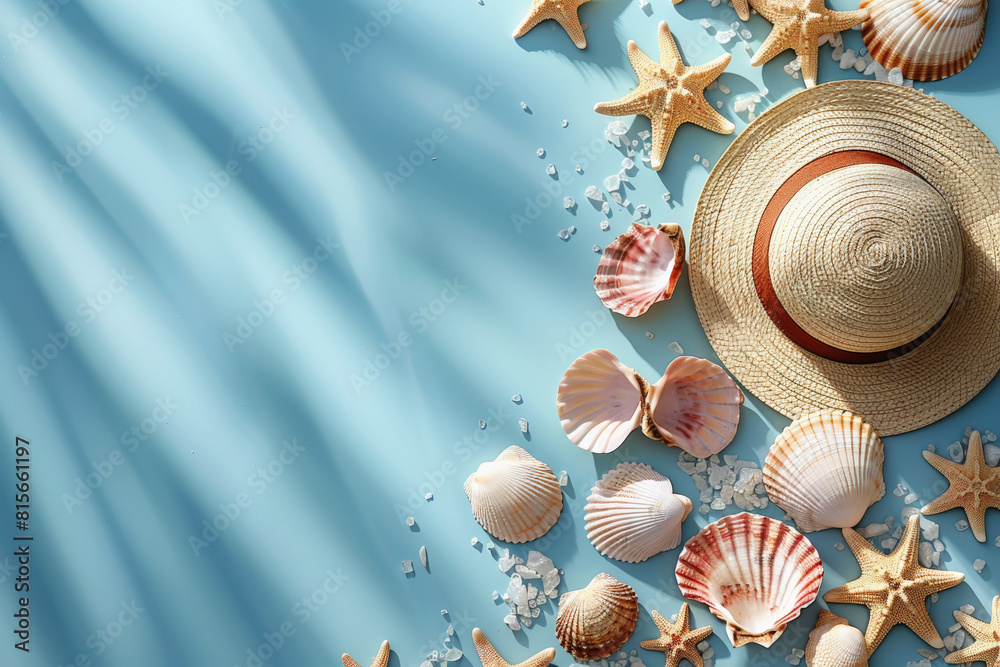 Straw hat surrounded by seashells and starfish on a sandy beach texture, ideal for summer and beach themes.