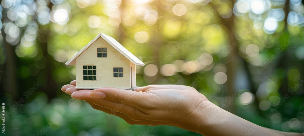 Hand holding miniature house outdoors with nature background and ample copy space for text placement Hand holding miniature house outdoors with nature background and ample copy space for text placement