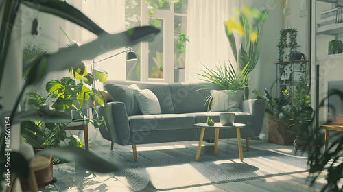 Modern scandinavian interior of living room with design grey sofa armchair a lot of plants coffee table carpet and personal accessories in cozy home decor Template   Generative AI