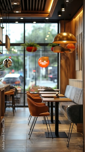 Fast food establishment with contemporary interior lighting and seating.
