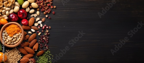 nuts and cereal seeds on black wood table background. copy space available