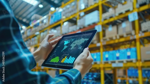 An entrepreneur manages inventory and sales data using a smart business application on a tablet device, optimizing supply chain management, forecasting demand, and maximizing profitability with