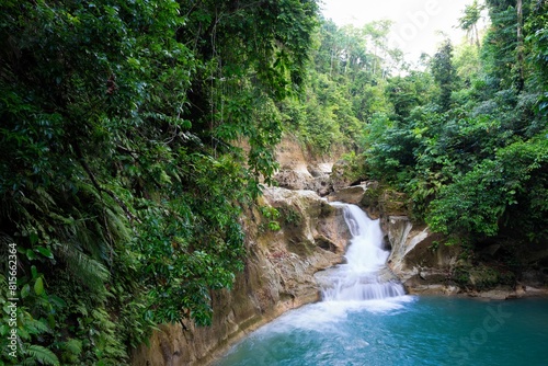 Fototapeta Naklejka Na Ścianę i Meble -  a river with water falls through it near trees and a rock: Mag-Aso Falls, Bohol island, Philippines