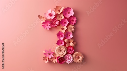 Number "1" Crafted from Paper Flowers on a Pink Background © Flowstudio