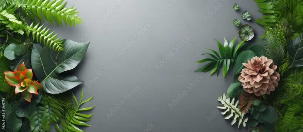 Beautiful flower pots and leaves arranged on a copy space cement background seen from a top view Beautiful flower pots and leaves arranged on a copy space cement background seen from a top view