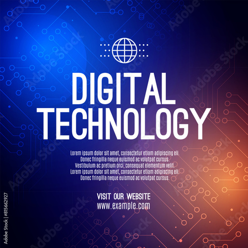 Digital technology social post banner sale template orange blue background, abstract cyber information communication, innovation future tech data, internet network connection, Ai big data illustration