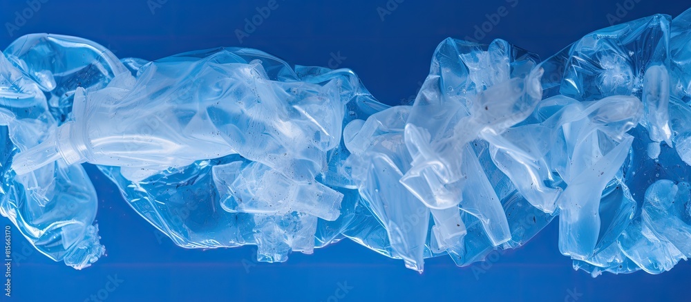 Obraz premium Disposable waste plastic on blue background Top view Copy space