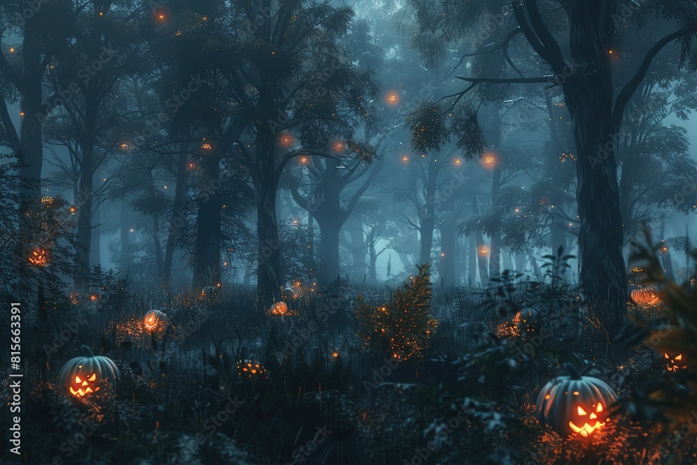 Realistic haunted forest creepy landscape at night. Fantasy Halloween forest background. Realistic haunted forest creepy landscape at night. Fantasy Halloween forest background.