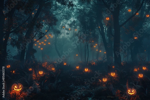 Realistic haunted forest creepy landscape at night. Fantasy Halloween forest background. 