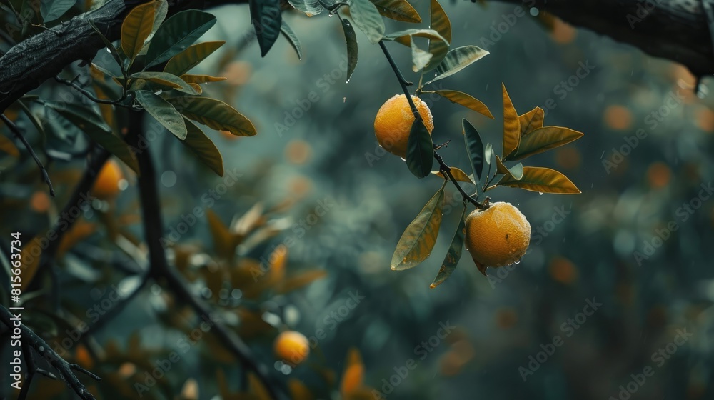 Orange tree with a branch bearing green leaves in the context of conventional farming Orange tree with a branch bearing green leaves in the context of conventional farming