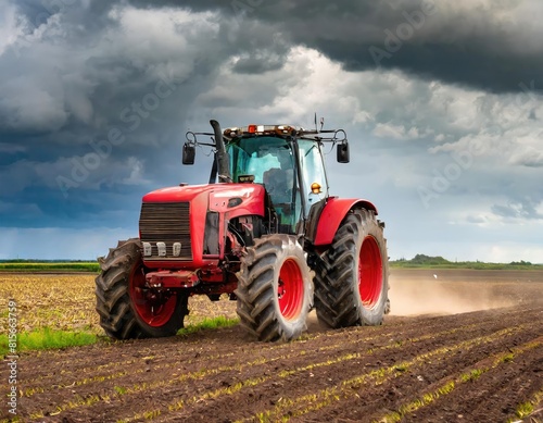 A powerful red tractor drives across a vast field under a dramatic stormy sky. Generated with AI