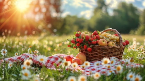 A woven basket full of fruits and berries on a red and white blanket in a summer daisy flower field, on a sunny day 