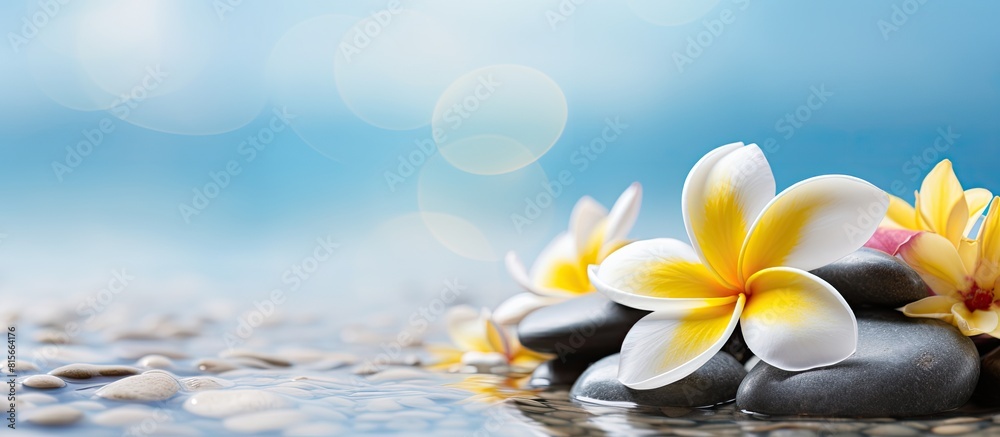Flower yellow white plumeria or frangipani on pebble and water with peaceful mediatation or spa relax feeling and copy space Flower yellow white plumeria or frangipani on pebble and water with peaceful mediatation or spa relax feeling and copy space