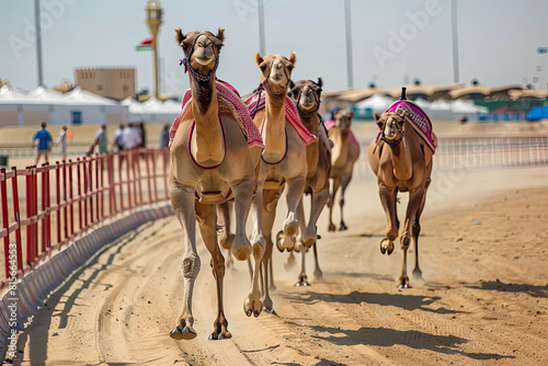 Dubai, UAE, Mar 21, 2018 Camels can be seen coming in the distance as they round the bend at the camel race track photo