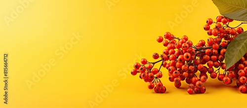 ripe bunches of rowan berries on yellow background Autumn concept. copy space available