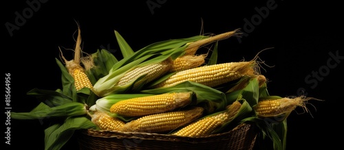 Pile of corn on bamboo threshing basket in a black background with Free space for text Copy spase photo