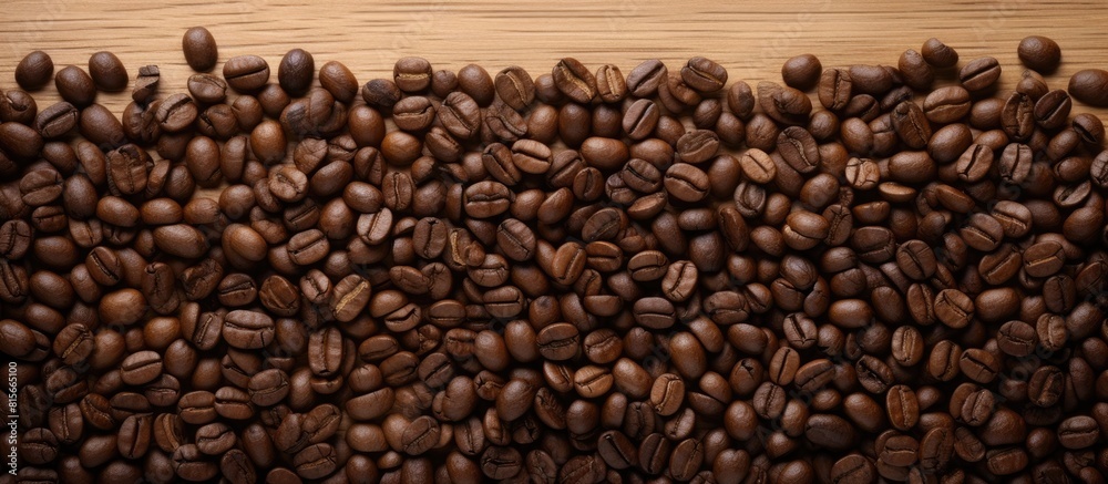 Close up coffee beans and and lined paper on wooden table top view. copy space available Close up coffee beans and and lined paper on wooden table top view. copy space available
